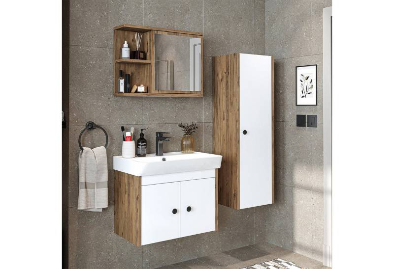 Roomart Badmöbel-Set ADA, (Komplett-Set, • Unterschrank • Waschbecken • Spiegelschrank • Seitenschrank), •Weiß •Weiß-Eiche •Eiche •Anthrazit-Eiche •Schwarz •Anthrazit von Roomart