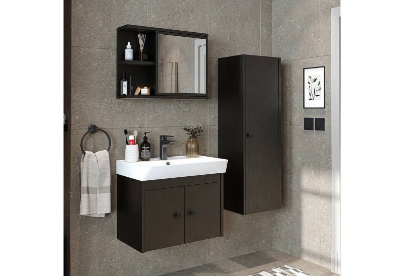 Roomart Badmöbel-Set ADA, (Komplett-Set, • Unterschrank • Waschbecken • Spiegelschrank • Seitenschrank), •Weiß •Weiß-Eiche •Eiche •Anthrazit-Eiche •Schwarz •Anthrazit von Roomart