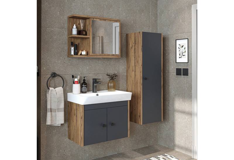 Roomart Badmöbel-Set ADA, (Komplett-Set, • Unterschrank • Waschbecken • Spiegelschrank • Seitenschrank), •Weiß •Weiß-Eiche •Eiche •Anthrazit-Eiche •Schwarz •Anthrazit von Roomart
