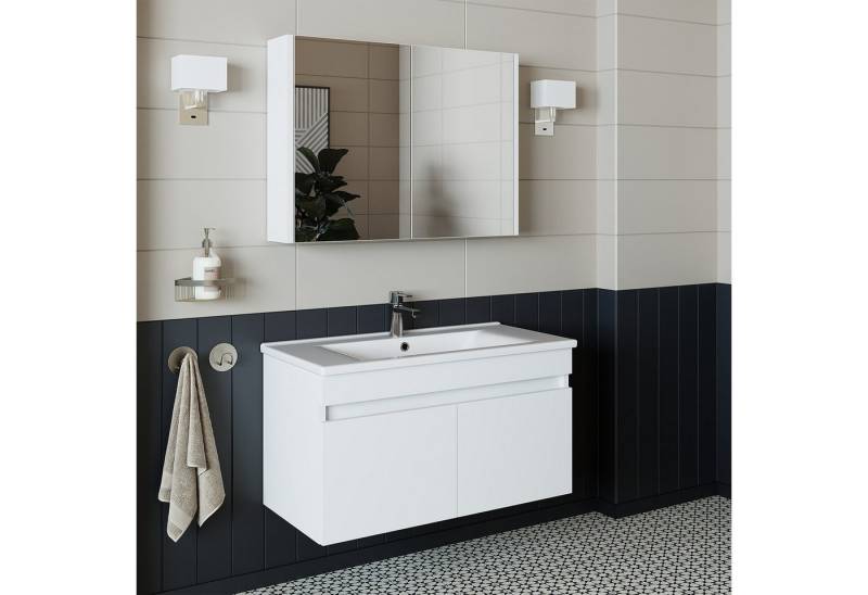 Roomart Badmöbel-Set ATR-3TLG-85, (Badmöbel Set Unterschrank mit Waschbecken Spiegelschrank) von Roomart