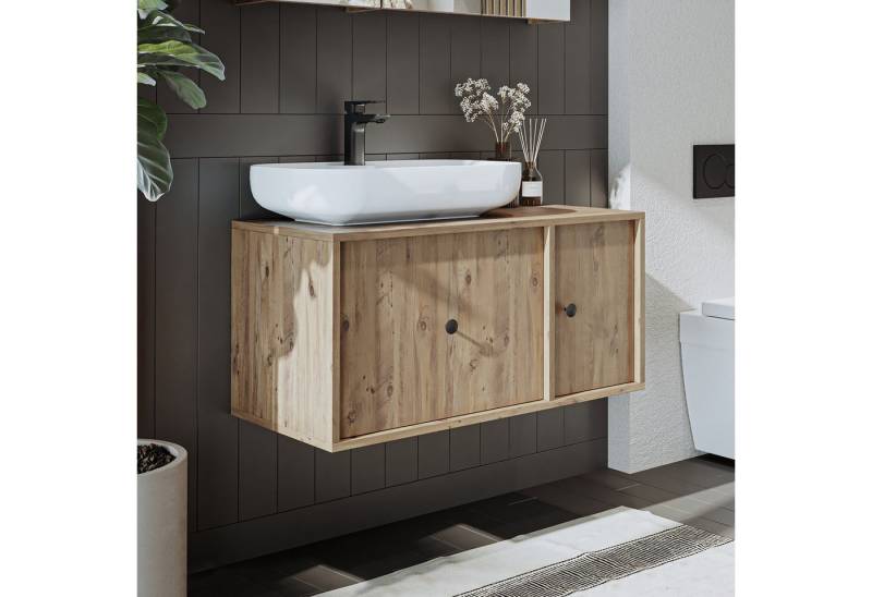 Roomart Badmöbel-Set GUSTO 90 cm, (Komplett-Set, • Waschbecken mit Unterschrank • Spiegelschrank • Seitenschrank), • Weiß • Eiche von Roomart