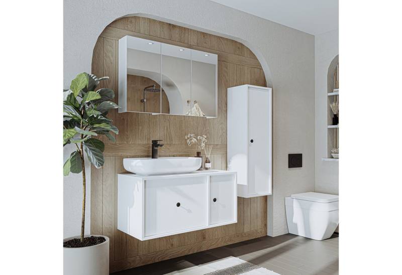 Roomart Badmöbel-Set GUSTO 90 cm, (Komplett-Set, • Waschbecken mit Unterschrank • Spiegelschrank • Seitenschrank), • Weiß • Eiche von Roomart