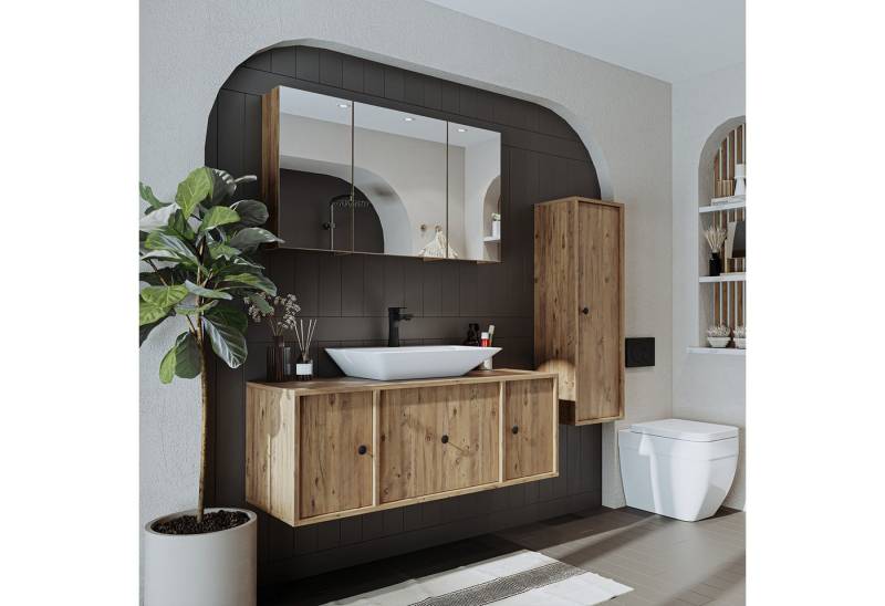 Roomart Badmöbel-Set GUSTO-ATL 120 cm, (Komplett-Set, • Waschbecken mit Unterschrank • Spiegelschrank • Seitenschrank), •Weiß•Eiche von Roomart