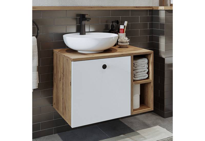 Roomart Badmöbel-Set LOTUS 65 cm, (modernes Badezimmer Set, 4- teilig, mit Keramik-Waschbecken, Spiegelschrank, Unterschrank & Seitenschrank) von Roomart
