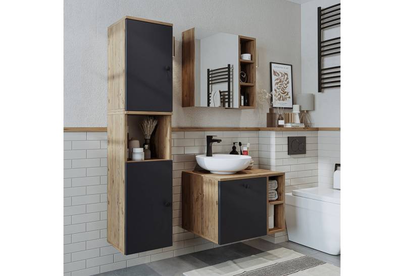 Roomart Badmöbel-Set LOTUS 65 cm, (modernes Badezimmer Set, 4- teilig, mit Keramik-Waschbecken, Spiegelschrank, Unterschrank & Seitenschrank) von Roomart