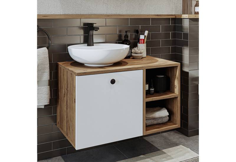 Roomart Badmöbel-Set LOTUS 75 cm, (modernes Badezimmer Set, 4- teilig, mit Keramik-Waschbecken, Spiegelschrank, Unterschrank & Seitenschrank) von Roomart