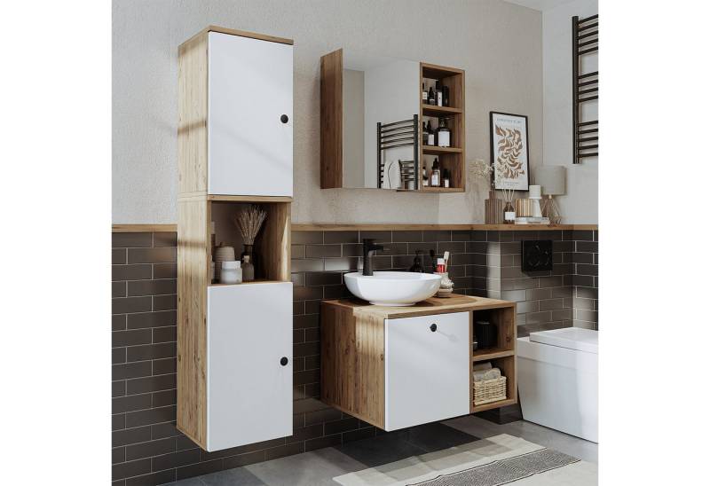 Roomart Badmöbel-Set LOTUS 75 cm, (modernes Badezimmer Set, 4- teilig, mit Keramik-Waschbecken, Spiegelschrank, Unterschrank & Seitenschrank) von Roomart