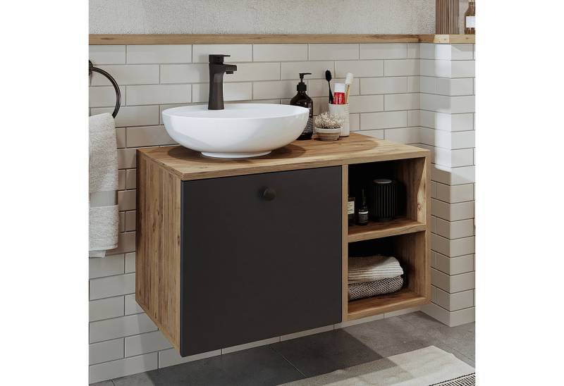Roomart Badmöbel-Set LOTUS 75 cm, (modernes Badezimmer Set, 4- teilig, mit Keramik-Waschbecken, Spiegelschrank, Unterschrank & Seitenschrank) von Roomart