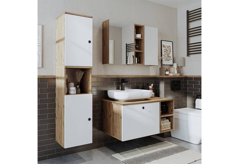 Roomart Badmöbel-Set LOTUS II - 95cm, (Komplett-Set, • Waschbecken mit Unterschrank • Spiegelschrank • Seitenschrank), •Weiß-Eiche •Eiche •Anthrazit-Eiche von Roomart