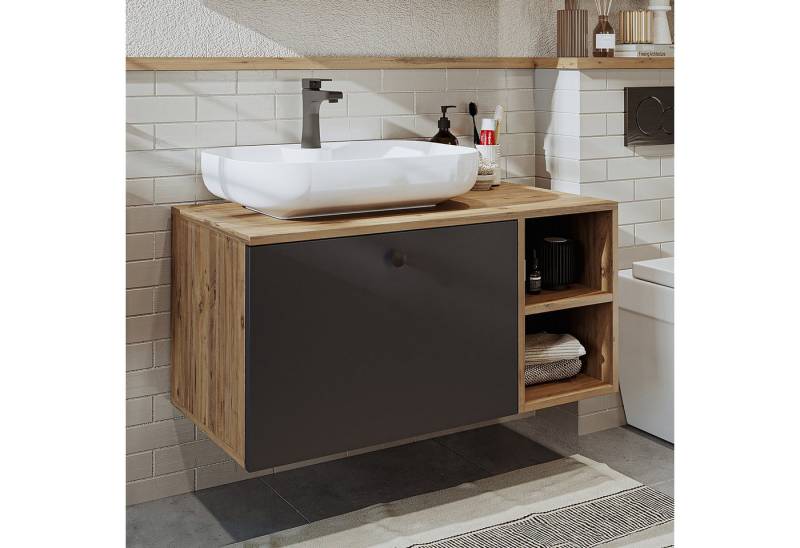 Roomart Badmöbel-Set LOTUS II - 95cm, (Komplett-Set, • Waschbecken mit Unterschrank • Spiegelschrank • Seitenschrank), •Weiß-Eiche •Eiche •Anthrazit-Eiche von Roomart