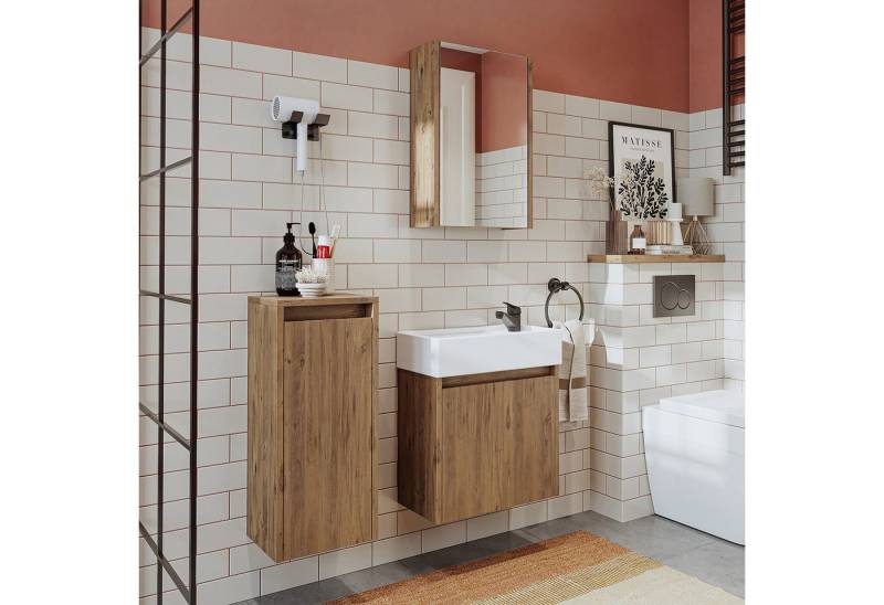 Roomart Badmöbel-Set MINI 50, (Komplett-Set für Badezimmer, Gäste WC, Unterschrank mit Waschbecken, Seitenschrank, Spiegelschrank), • Weiß • Weiß-Eiche • Eiche • Anthrazit-Eiche • Schwarz von Roomart