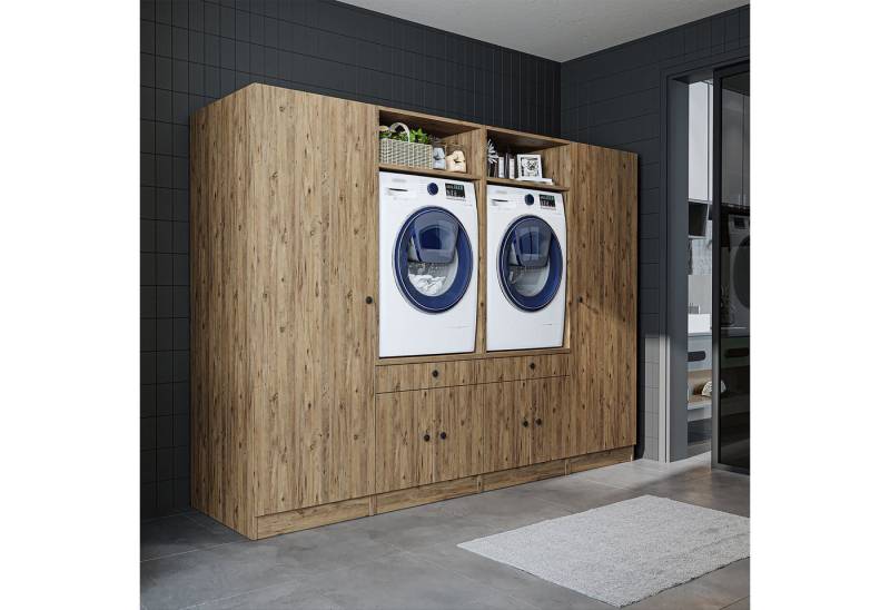Roomart Waschmaschinenumbauschrank 254 cm (Schrankwand für Waschküche und Hauswirtschaftsraum, mit praktischem Ausziehbrett) erhältlich in Weiß, Eiche oder Schwarz-Eiche von Roomart