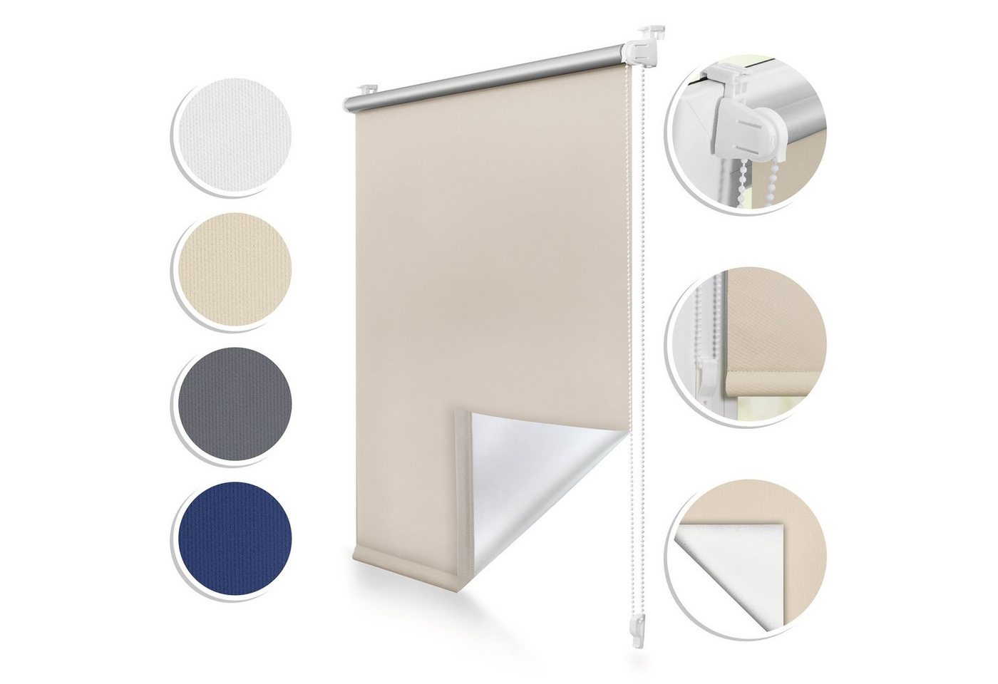 Rollo Thermo-Rollo, Roomy, verdunkelnd, Klemmbar, Anschraubbar, freihängend, Klemmbar, Anschraubbar, Klemmfix ohne Bohren Verdunkelungsrollo Hitzeschutzrollo Sichtschutz, verdunkelnd, abdunkelnd, verstellbare Klemmträger, freihängend, Thermo-Funktion, Bedienseite frei wählbar (vormontierter Kettenzug kann links oder rechts montiert werden), Stoff 4 cm schmaler als Bestellbreite, Länge bis 150 cm abrollbar, Alternative Montageart für Wand und Decke Rollo Thermo-Rollo, Roomy, verdunkelnd, Klemmbar, Anschraubbar, freihängend, Klemmbar, Anschraubbar, Klemmfix ohne Bohren Verdunkelungsrollo Hitzeschutzrollo Sichtschutz, verdunkelnd, abdunkelnd, verstellbare Klemmträger, freihängend, Thermo-Funktion, Bedienseite frei wählbar (vormontierter Kettenzug kann links oder rechts montiert werden), Stoff 4 cm schmaler als Bestellbreite, Länge bis 150 cm abrollbar, Alternative Montageart für Wand und Decke von Roomy