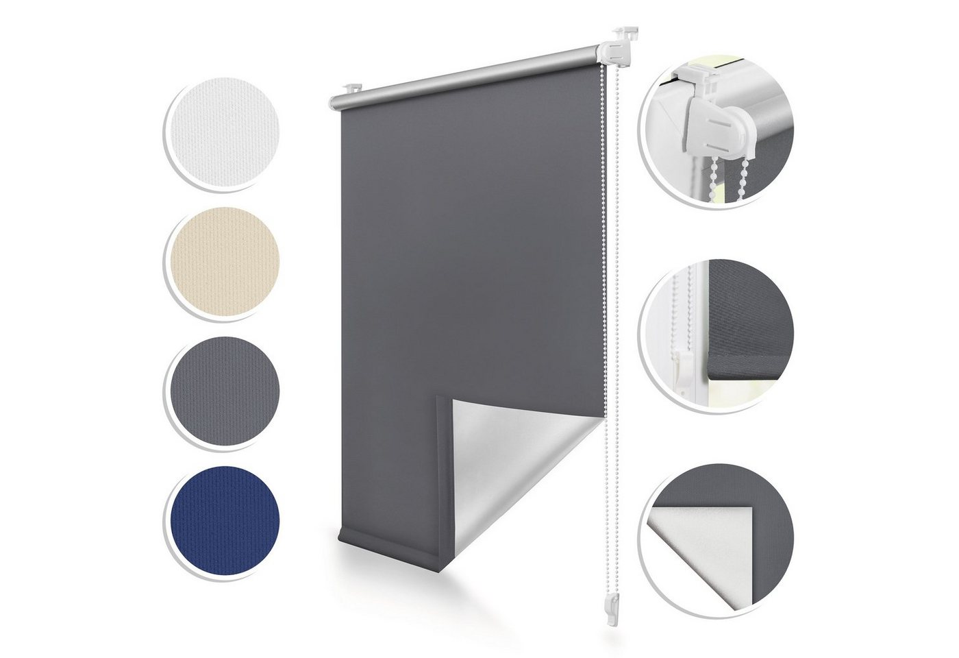 Rollo Thermo-Rollo, Roomy, verdunkelnd, Klemmbar, Anschraubbar, freihängend, Klemmbar, Anschraubbar, Klemmfix ohne Bohren Verdunkelungsrollo Hitzeschutzrollo Sichtschutz, verdunkelnd, abdunkelnd, verstellbare Klemmträger, freihängend, Thermo-Funktion, Bedienseite frei wählbar (vormontierter Kettenzug kann links oder rechts montiert werden), Stoff 4 cm schmaler als Bestellbreite, Länge bis 150 cm abrollbar, Alternative Montageart für Wand und Decke Rollo Thermo-Rollo, Roomy, verdunkelnd, Klemmbar, Anschraubbar, freihängend, Klemmbar, Anschraubbar, Klemmfix ohne Bohren Verdunkelungsrollo Hitzeschutzrollo Sichtschutz, verdunkelnd, abdunkelnd, verstellbare Klemmträger, freihängend, Thermo-Funktion, Bedienseite frei wählbar (vormontierter Kettenzug kann links oder rechts montiert werden), Stoff 4 cm schmaler als Bestellbreite, Länge bis 150 cm abrollbar, Alternative Montageart für Wand und Decke von Roomy