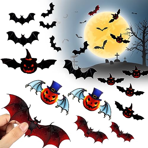 Halloween Bat Stickers 12 Stück 3D Fledermaus Aufkleber Halloween Dekorationen, Bunte Halloween Fledermaus Wandsticker Fenster Aufkleber DIY Zubehör Papier Fledermäuse Dekorationen von Roontin