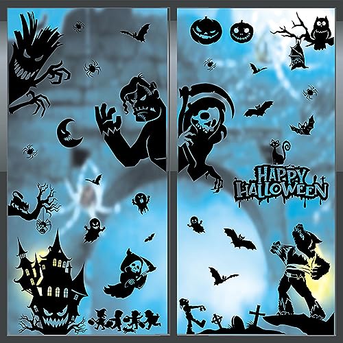 Halloween Window Clings Stickers, 4 Sheet Reusable Static PVC Giant Halloween Decoration Sticker Double Side Bats Spiders Pumpkin Spooky Ghost Window Decals for Halloween Party von Roontin