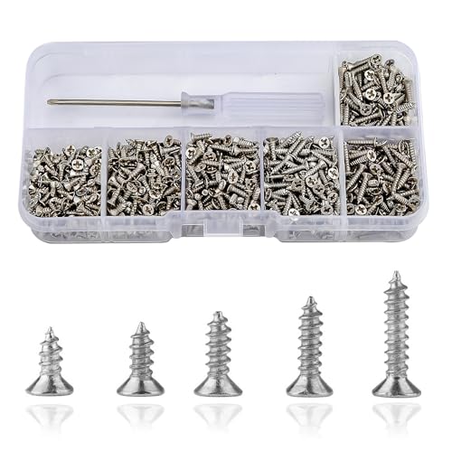 Roosea 1000 Stück Kleine Selbstschneidende Schrauben Metall M2 Holzschrauben Mini Kreuzschlitzschrauben Flachkopf Blechschrauben Set mit Schraubendreher, Silberne, 5-10mm von Roosea