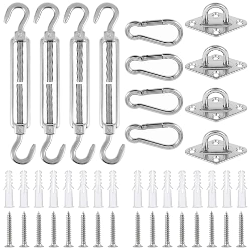 Roosea M5 Markisen-Befestigungsset, 4 Stück Karabiner mit 4 Spannschlössern, 4 Stück Augenplatte und Schrauben, Sonnenschutzsegel-Befestigungsset, Edelstahl-Schattensegel-Befestigungsset für Garten von Roosea