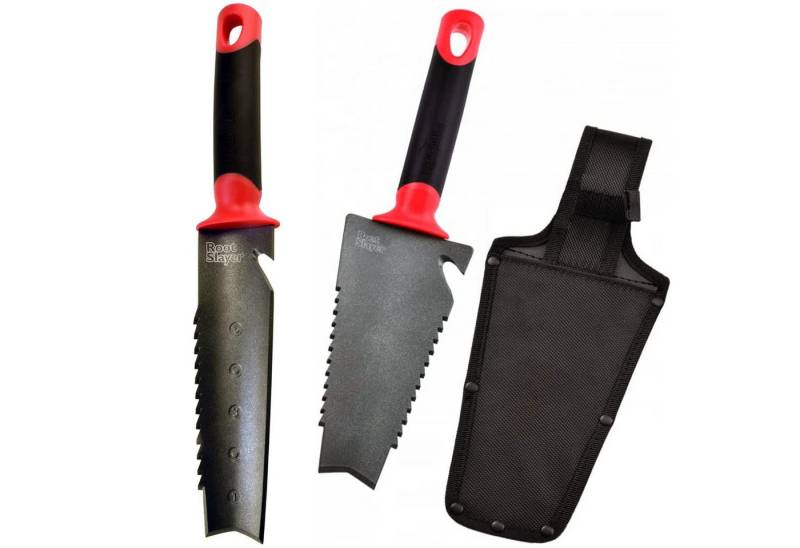 Root Slayer® Blumenkelle Radius Handschaufel, (Spar Set, 2 St., Blumenkelle + Unkrautjäter), Pflanzkelle, Gartenschaufel multifunktional aus Kohlenstoffstahl von Root Slayer®
