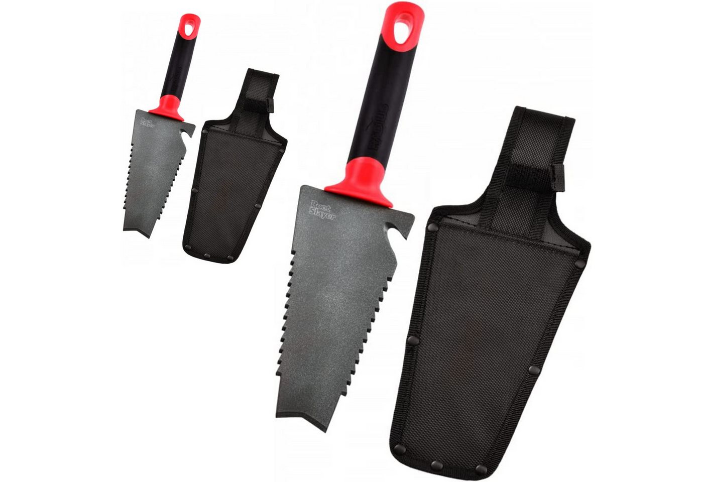 Root Slayer® Blumenkelle Radius Handschaufel, (Spar-Set, 2 St., V Klinge mit Zähnen zum Schneiden der Wurzeln), Pflanzkelle, Gartenschaufel multifunktional aus Kohlenstoffstahl von Root Slayer®