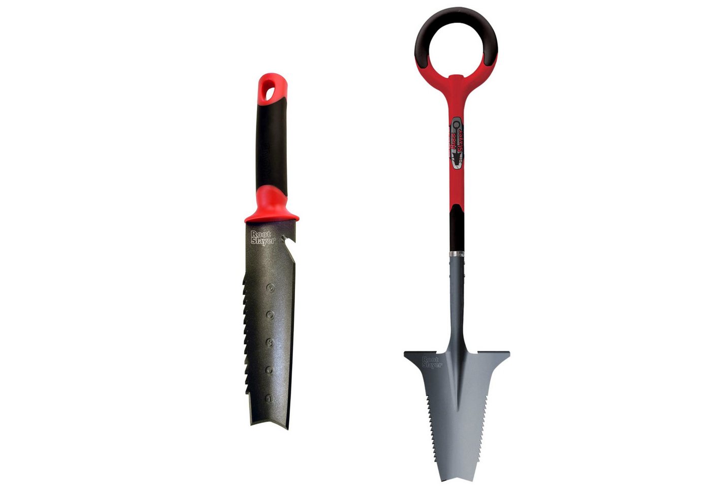 Root Slayer® Spaten Radius Wurzelspaten Mehrzweckschaufel, (Spar Set, 2-St., Wurzelspaten + Unkrautjäter), Multifunktionsspaten, Klinge mit Zähnen zum Schneiden der Wurzeln von Root Slayer®