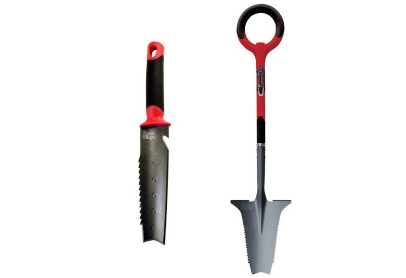 Root Slayer® Spaten Radius Wurzelspaten Mehrzweckschaufel, (Spar Set, 2-St., Wurzelspaten + Unkrautjäter), Multifunktionsspaten, Klinge mit Zähnen zum Schneiden der Wurzeln von Root Slayer®
