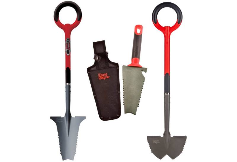 Root Slayer® Spaten Radius Wurzelspaten Mehrzweckschaufel, (Spar Set, 3-St., Wurzelspaten + Blumenkelle + Rasenkantenstecher), Multifunktionsspaten, Klinge mit Zähnen zum Schneiden der Wurzeln von Root Slayer®