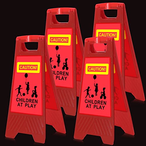 Reflektierendes Schild mit Aufschrift "Slow Down Kids at Play", doppelseitig, 61 cm, tragbarer Griff, Kinder beim Spielen, Warntafel, Vorsicht, Sicherheitsschilder für Straße, Park, Gehweg (rot) von Roowest