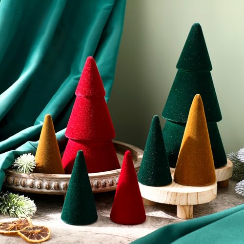 Roowest 7-teiliges Weihnachts-Samtbäume-Set, neutrale Weihnachtsdekoration für den Innenbereich, moderne kegelförmige Weihnachtsdekoration, 4 Größen, Weihnachts-Tischaufsätze, Bäume, beflockte von Roowest