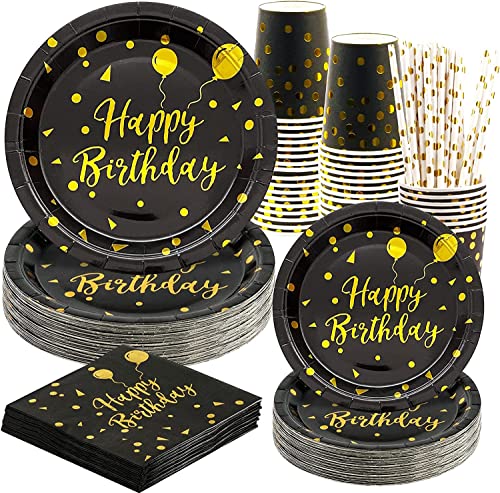 Rorchio 120 Stück Pappteller Geburtstag Schwarz Gold, Partygeschirr Set 24 Gäste Pappbecher Pappteller Servietten Trinkhalme Papier fur Manner Geburtstagsdeko Schwarz Gold von Rorchio