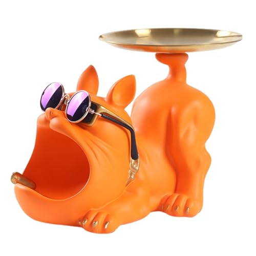 Rordigo Cool Bulldog Crafts Hundebutler Aus Kunstharz mit Tablett für Schlüsselhalter, Aufbewahrung Von Schmuck, Tierzimmer, Heimdekoration, Statue, Orange, Einfach zu Bedienen von Rordigo