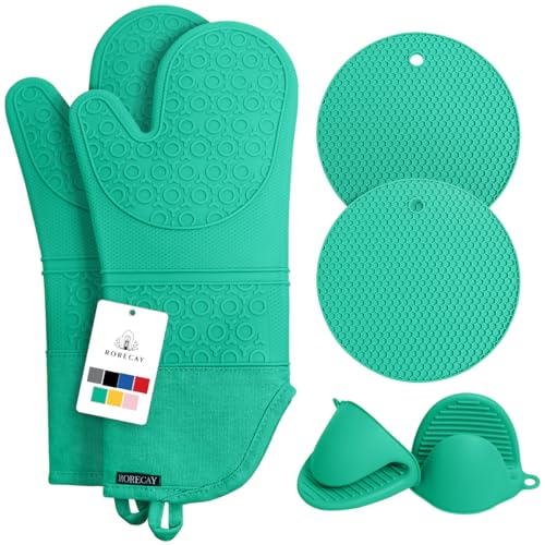 Rorecay Ofenhandschuhe & Topflappen Set - Extra Lange Küchenhandschuhe aus Silikon mit Mini-Schnapphandschuhen und Topflappen für die Küche zum Backen, Kochen oder Grillen 6er-Pack, Grau von rorecay