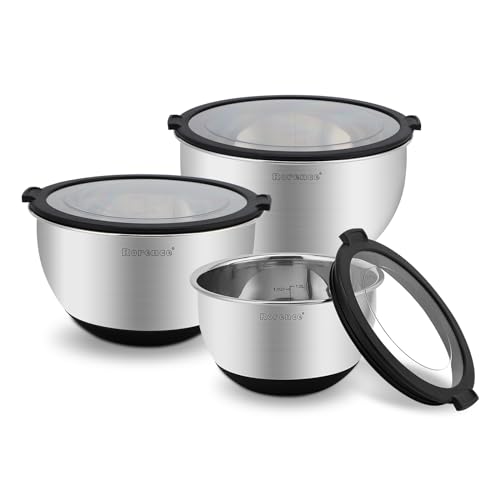 Rorence Edelstahl Rührschüssel Set mit transparenten Deckeln, Stapelbare Salatschüssel für die Küche, Schwarz - 3er-Set mit 1,5L, 3L, 5L von Rorence