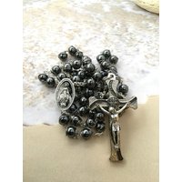 Herren Hämatit Rosenkranz Edelstahl Draht Umwickelt Schwarz Rosenkranz von RosaryHearthandHome