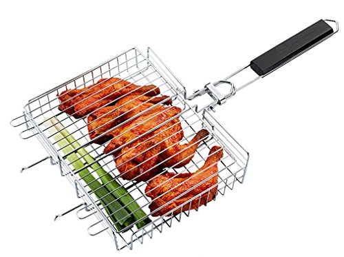 RoseFlower® BBQ Steak Grillkorb Grillwender Fisch und Gemüsehalter Hähnchenbräter Grill-Korb aus Edelstahl mit Griff - Ideal Barbecue Grillen Kit für Dad, Silber von RoseFlower