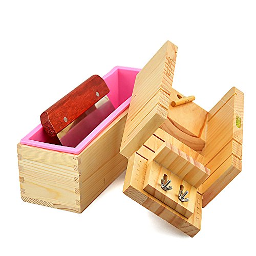 3 Stück DIY Seifen Silikonform Set, RoseFlower 10.71'' Praktische Verstellbar Holz Seifenschneider Handgefertigt Seife DIY Werkzeug + 1,2 kg rechteckige Silikon Seife Form mit Holzkasten von RoseFlower
