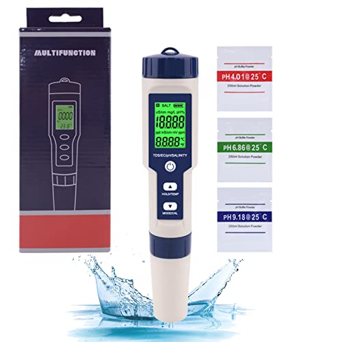 RoseFlower Digitales PH Messgerät, 5 in 1 TDS/EC/PH/Salzgehalt/Temperaturmesser Digitaler Wasserqualität Monitor Tester Messgerät für Pools, Trinkwasser, Trinkwasser, Aquarium, Spas von RoseFlower