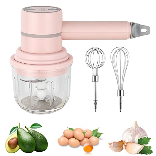 RoseFlower Elektrischer Zwiebelschneider, 2-In-1 Multifunktions HandrüHrgerät, Mini Küchenmaschine, Handmixer Zum Backen, Wiederaufladbar über USB, Zerkleinerer für Zwiebeln/Knoblauch/Fleisch#Rosa von RoseFlower