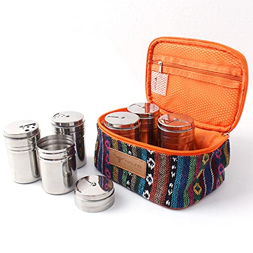 RoseFlower Outdoor Gewürzgläser Set, Set of 6 Stück Tragbar Edelstahl Gewürzbehälter Camping Gewürzstreuer mit Reisetasche - 125ml - zur Salz Pfeffer Kräuter- & Gewürze Aufbewahrung von RoseFlower