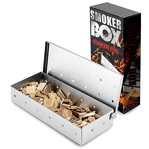 RoseFlower Räucherbox, Edelstahl BBQ Smoker box für Gas-, Kohle- und Elektrogrill - Grill zubehör räucherchips für aromatischer Rauchgeschmack im Fleisch - mit praktischem Klappdeckel von RoseFlower