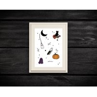 Witchy Kunstdruck | Gruselige Süße Geschenke Muster Gemütliches Wohndekor Herbst Wand Kunst Wohn Dekor Hand Gezeichneter Halloween Druck von RosePaperStudio