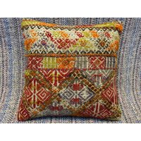 16x16 Kelim Kissenbezug Vintage Couchkissen Hülle Sofakissen Wolle Kissen Orange Gelb Teppichkissen von RoseSeasonPillow