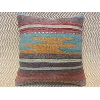 18x18 Kelim Kissenbezug Gestreiftes Kissen Vintage Sofakissen Wolle Boho Dekor Couchkissen Hülle von RoseSeasonPillow