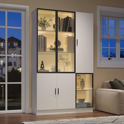 120x35x200cm vitrine,Glasvitrine Glasschrank Tür 200cm hoch Vitrinenschrank mit LED Lichtern,MultiStorage Bücherregal für Sammlung Schlafzimmer Wohnzimmer Büro,Schrank mit Glastür mit Aluminiumrahmen von Rosebibi