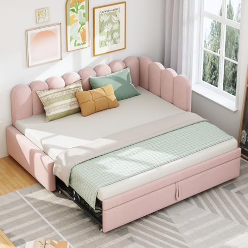 2-in-1 Multifunktions-Schlafsofa in L-Form (90/180x200cm), Samt Polsterbett Platzsparendes Design Kann als Kinderbett oder Gästebett genutzt Werden (Rosa) von Rosebibi
