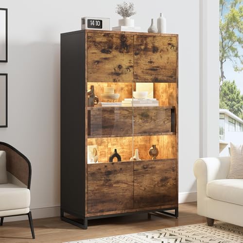 80x40x138cm Vitrine mit LED-Beleuchtung Standvitrine,Vitrinenschränke mit 2 Schubladen, Stauraumvitrine mit Acrylblende, highboard, Weinschränke, Bücherregale mit viel Stauraum, Schwarz+Holzmaserung von Rosebibi