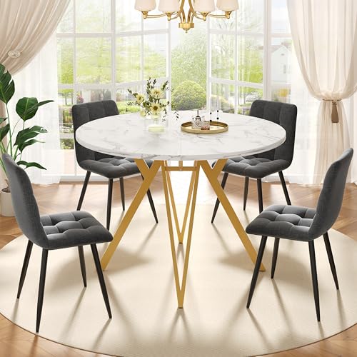 Esstisch-Set (5-teilig), Esstisch-Set mit 4 Stühlen, Modernes Küchen-Esstisch-Set, Runder Küchentisch mit Durchmesser 100cm, Metallbeine, MDF-Marmor-Tischplatte, Graue Samt-Esszimmerstühle (Golden) von Rosebibi
