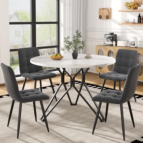 Esstisch-Set (5-teilig), Esstisch-Set mit 4 Stühlen, Modernes Küchen-Esstisch-Set, Runder Küchentisch mit Durchmesser 100cm, Schwarze Metallbeine, MDF-Marmor-Tischplatte, Graue Samt-Esszimmerstühle von Rosebibi