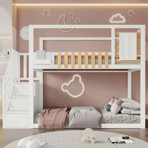 Etagenbett 90x200cm, mit Treppe, Fenster und Regalkasten, Rahmen aus massivem Kiefernholz, Kinderbett mit 3 Schließfächer in der Treppe, mit Fallschutzgitter, Weiß Etagenbett 90x200cm, mit Treppe, Fenster und Regalkasten, Rahmen aus massivem Kiefernholz, Kinderbett mit 3 Schließfächer in der Treppe, mit Fallschutzgitter, Weiß von Rosebibi