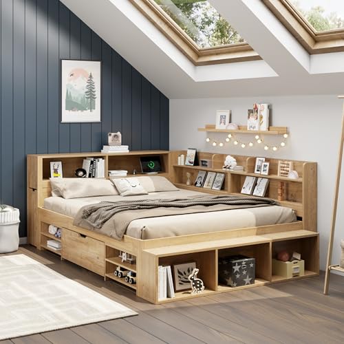 Kinderbett, 140x200cm Stauraumbett, Holzbett, Einzelbett, multifunktionales Kinderbett mit ausziehebarer Nachttisch, Schubladen, Regal,Stauschrank. großer Stauraum, Lattenrost, ohne Matratze, Natur Kinderbett, 140x200cm Stauraumbett, Holzbett, Einzelbett, multifunktionales Kinderbett mit ausziehebarer Nachttisch, Schubladen, Regal,Stauschrank. großer Stauraum, Lattenrost, ohne Matratze, Natur von Rosebibi